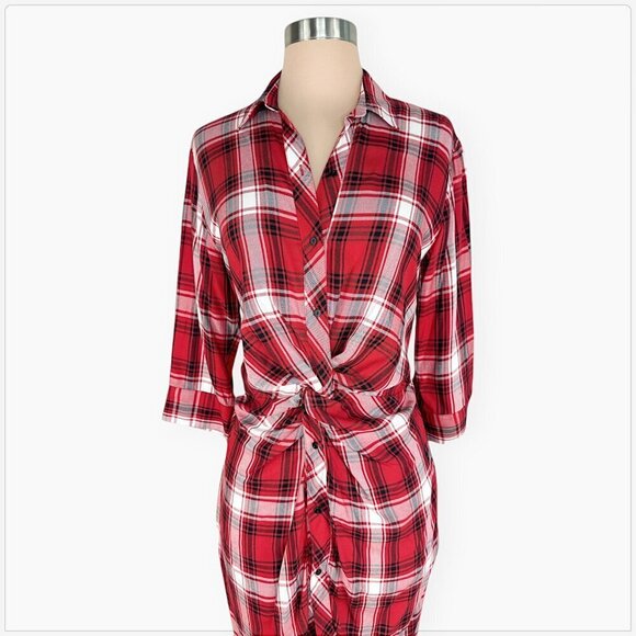 Zara Premium Denim Collection Red White Plaid Twist Knot Button Midi Dress S - Picture 4 of 6